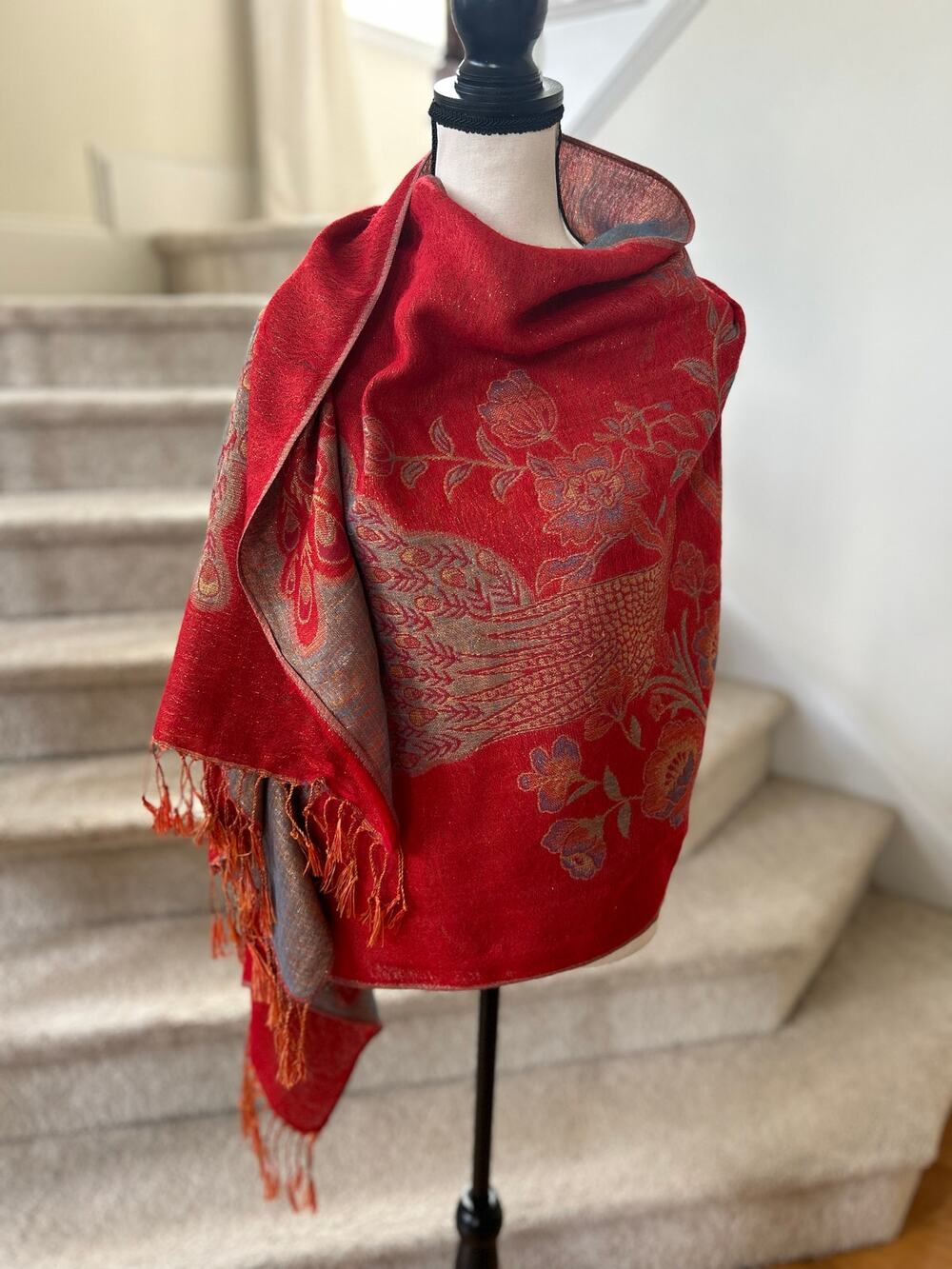 Pashmina Silk Cashmere Red Blue Metallic Gold Peacock Wrap Scarf